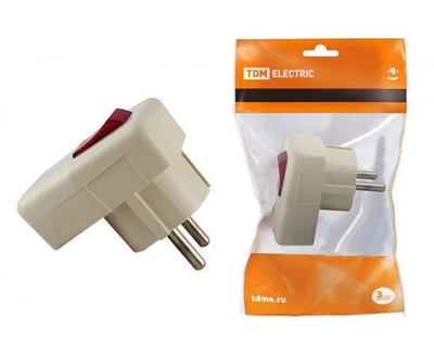 Вилка угловая с/з с выключателем белая 16А 250В TDM SQ1806-0009