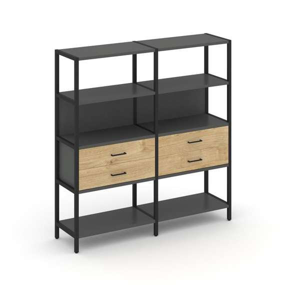 Shelf System Двухсекционный стеллаж четырехярусный с ящиками SN.STM-422 Антрацит/Тиквуд Светлый/Мета