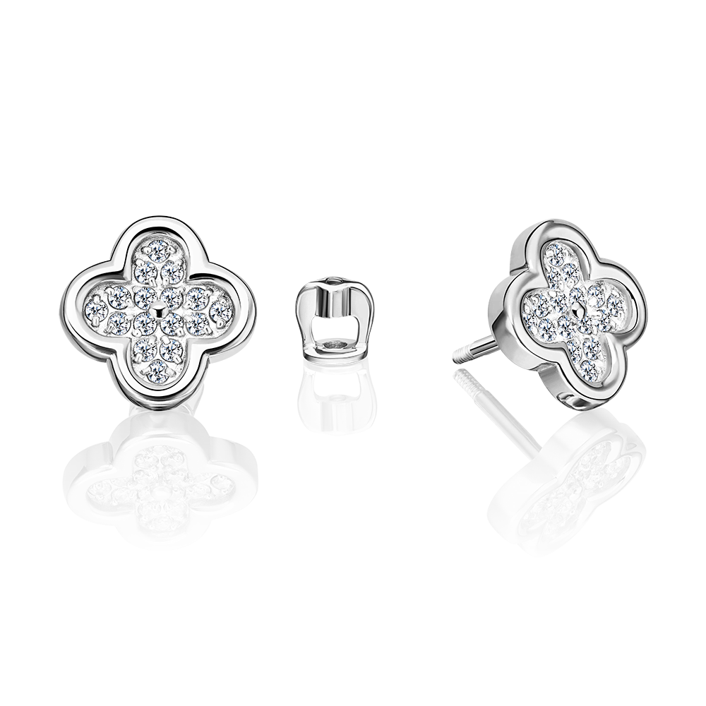 Серьги-пусеты «Клевер» из белого золота с фианитами