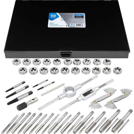 Набор метчиков и плашек Scheppach 50 предметов(М3x0.5,4x0.7,5x0.8,6x1.0,8x1.25;6,8,10-32;10,12-24;1/4-20/28,5/16-18/24,3/8-16/24,7/16-14/20,1/2-13,1/2-20) Sch-M050-3(64900)