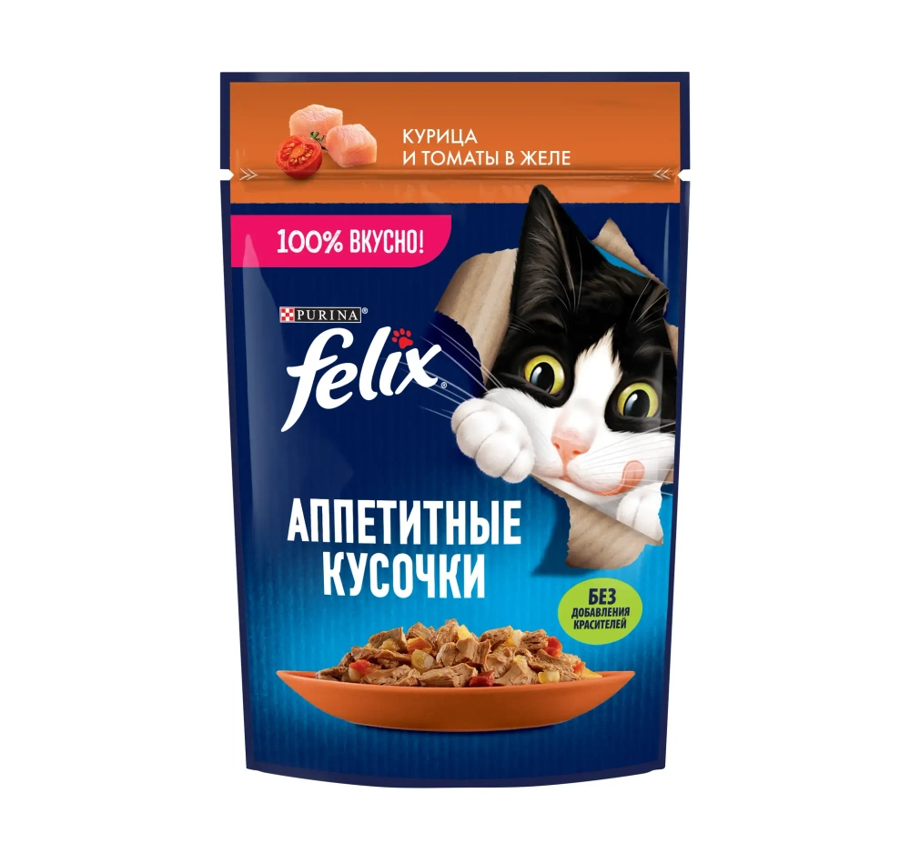Кусочки Курица и Томаты, 75г влажный корм для кошек Felix Аппетитные