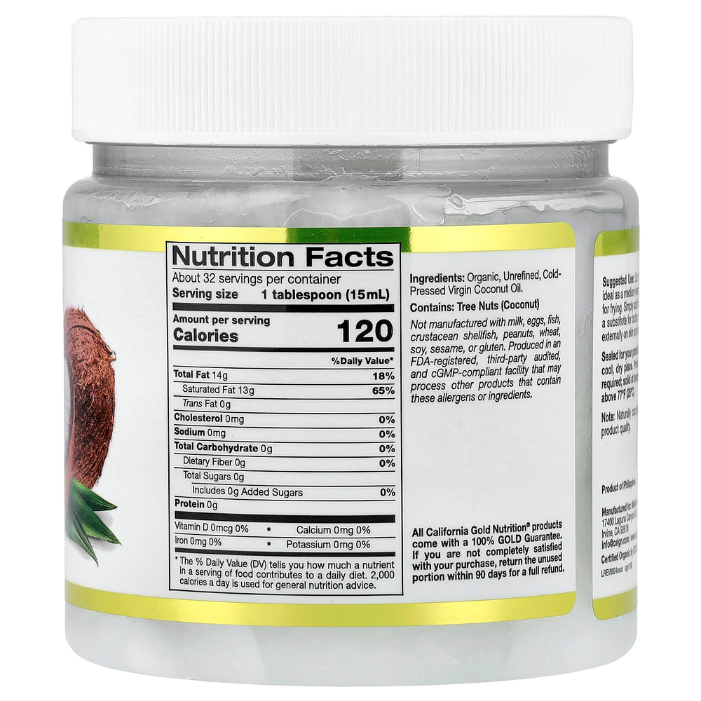 California Gold Nutrition, Superfoods, органическое нерафинированное кокосовое масло первого холодного отжима, 473 мл (16 жидк. унций)