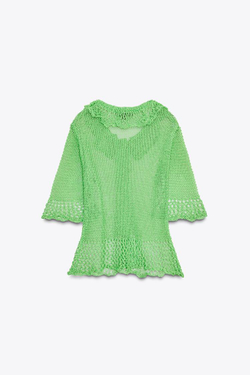 ZARA КАРДИГАН АЖУРНОЙ ВЯЗКИ С КОРОТКИМИ РУКАВАМИ, ЗЕЛЕНЫЙ