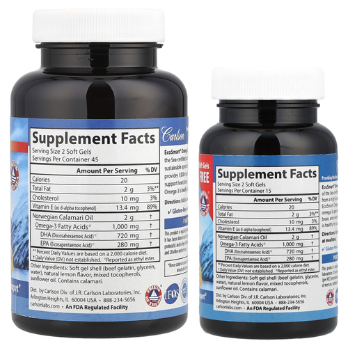 Carlson, EcoSmart®, омега-3 из норвежских морепродуктов дикого улова, с натуральным лимонным вкусом, 120 капсул