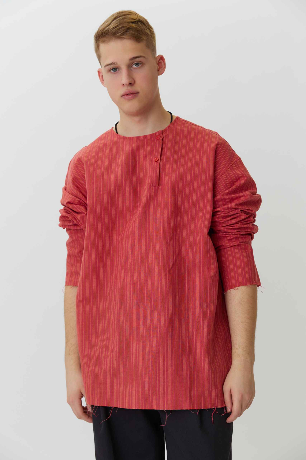 Косоворотка из красного льна в полоску