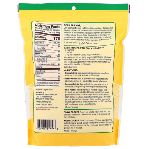 Bob's Red Mill, Органическая кукурузная крупа, полента, 680 г (24 унции)