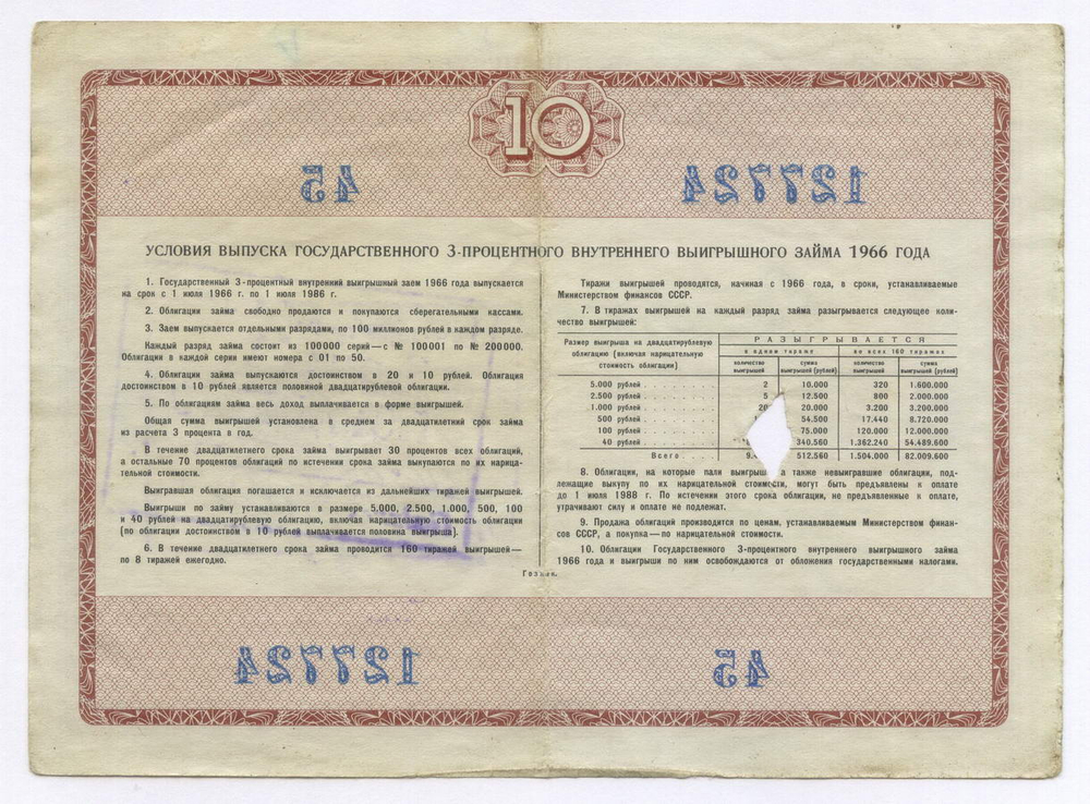 Облигации 20 рублей и 10 рублей 1966 год. Серии №№ 166523 и 127724. Гашение - вырез и штамп с надписью