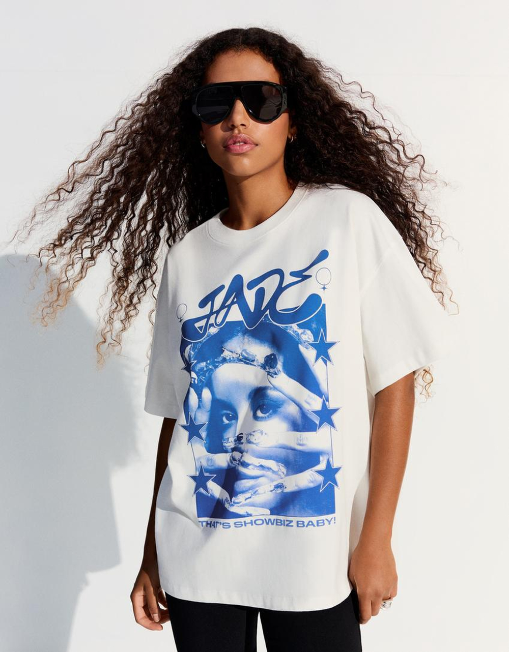 BERSHKA Футболка оверсайз JADE, белый