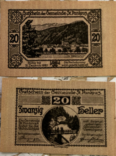 Австрия 20 геллеров 1920 Санкт-Панкрац aUNC