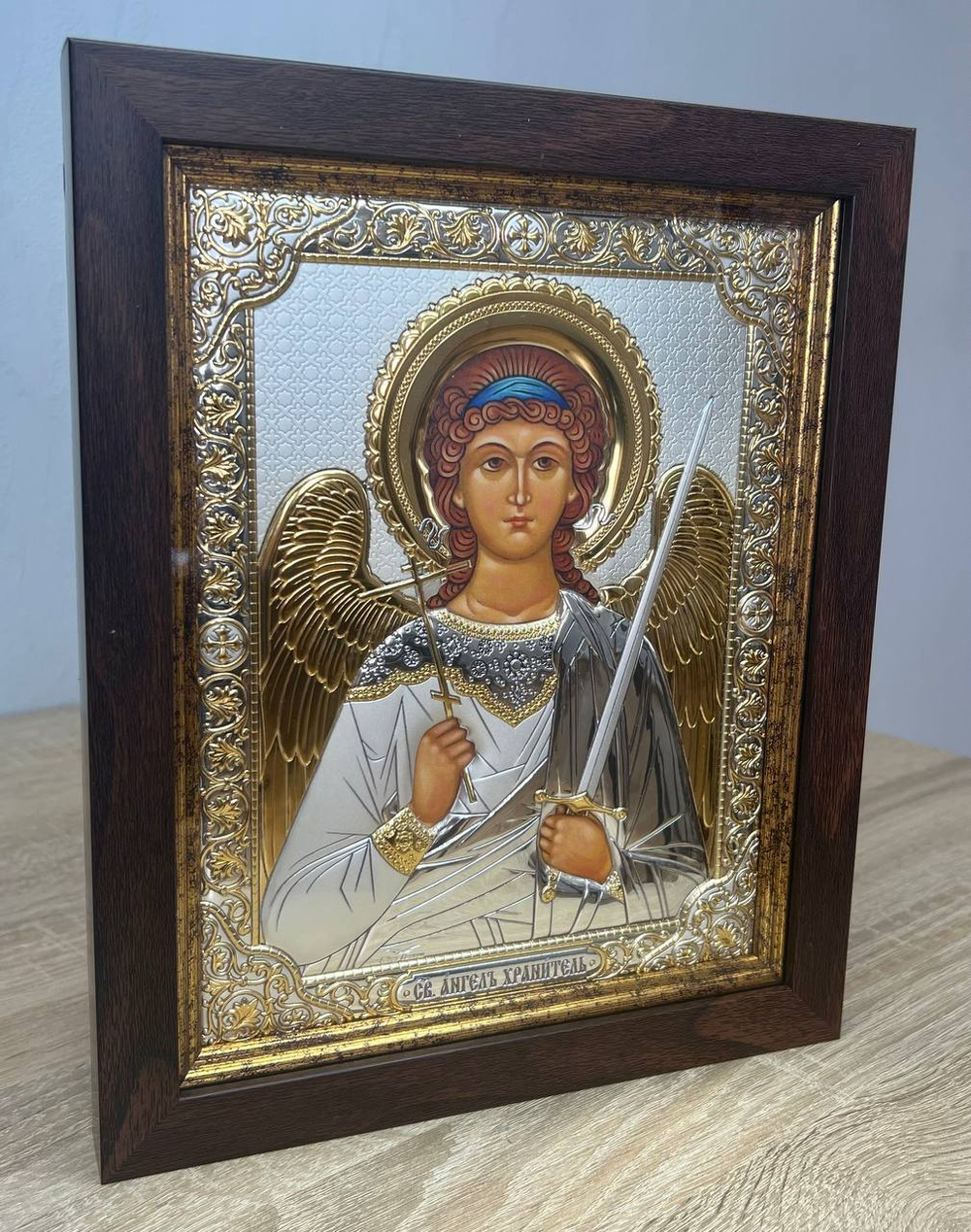 Ангел Хранитель, икона прямоугольная в рамке под стеклом, красное дерево 232х280