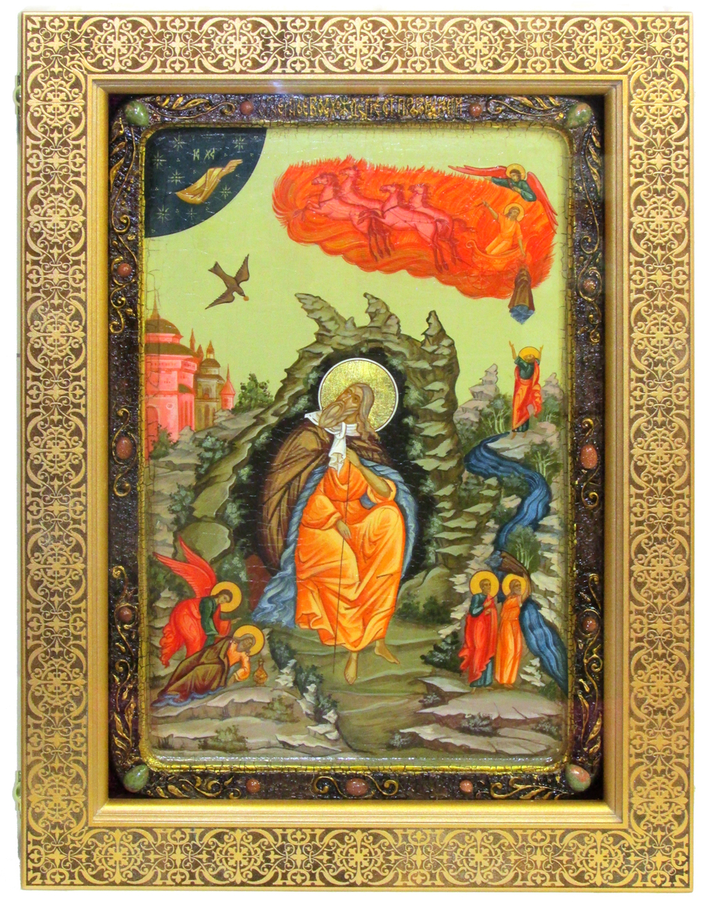 Большая Живописная икона Пророк Илия Фесвитянин 42х29см на кипарисе в березовом киоте