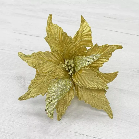 Декоративный цветок Пуансеттия 30 см., золото, на клипсе, Christmas DeLuxe (87128)