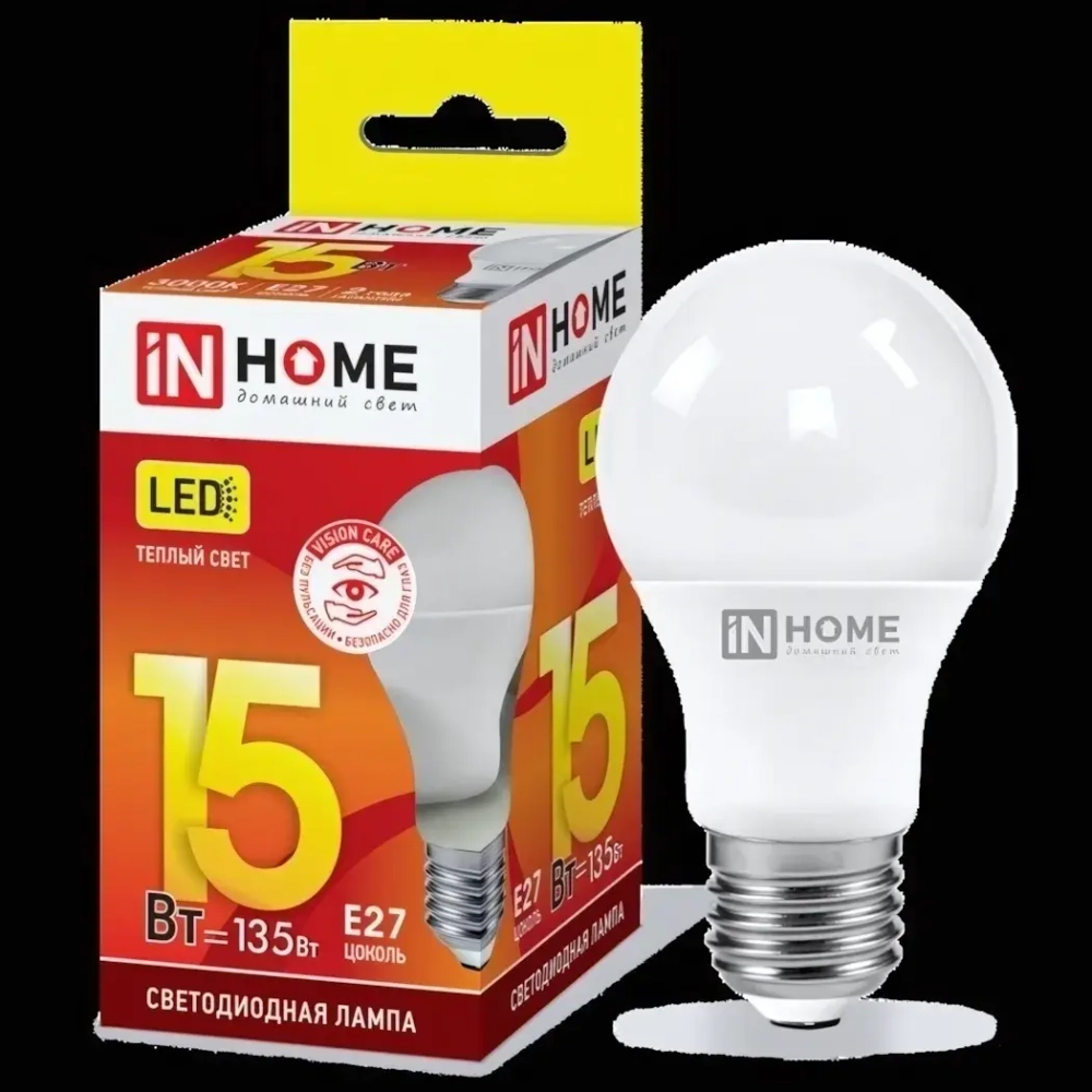 Лампа светодиодная IN HOME, E27,15Вт, A60 (груша), 220В, 1350Лм, 3000К (10)