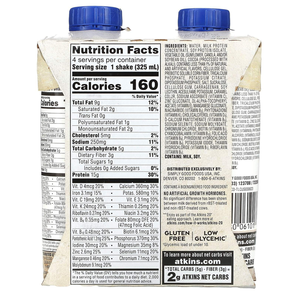 Atkins, Protein Rich Shake, молочный шоколад, 4 коктейля, 325 мл (11 жидк. унц.)