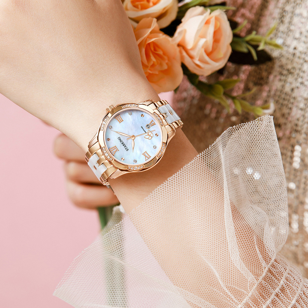 STARKING Quartz Movement Ceramic Strap Watch Women"s Watch White Dial