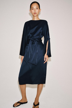 ZARA ПЛАТЬЕ МИДИ ИЗ СМЕСОВОГО ЛЬНА С ПОЯСОМ — ZW COLLECTION, СИНИЙ