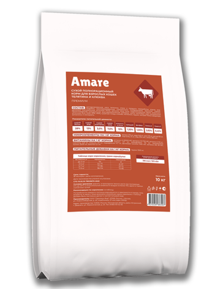 Amare Сухой полнорационный корм для взрослых кошек телятина и клюква 10 кг
