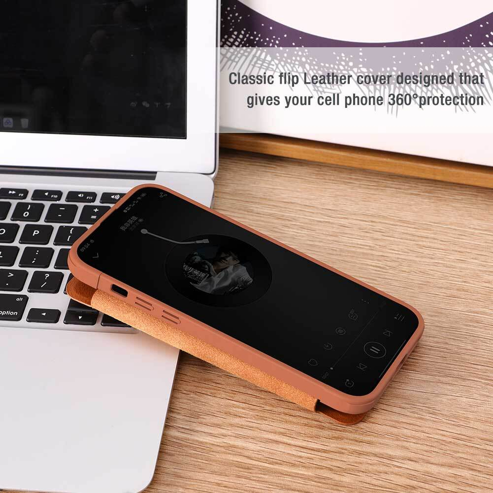 Кожаный чехол книжка коричневого цвета от Nillkin для iPhone 15, серия Qin Pro Leather с защитной шторкой для камеры