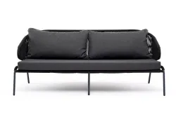 "Милан" диван 3-местный плетеный из роупа, каркас алюминий темно-серый (RAL7024) муар, роуп темно-серый круглый, ткань темно-серая 027