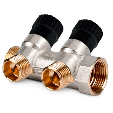 Коллектор Rommer 3/4"х1/2" на 2 отвода «плоское уплотнение» с запорными клапанами RMB-0015-341202