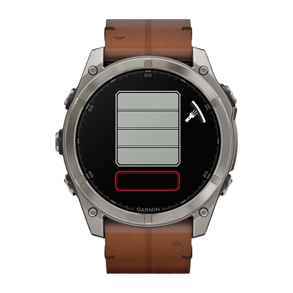 Спортивные часы Garmin fenix 8, 51 мм, AMOLED, каштановый кожаный ремешок, силиконовый ремешок цвета чёрный/«серая галька» Безель из титана, AMOLED-дисплей. Кожаный ремешок и силиконовый ремешок с классическими застёжками — на запястье обхватом 135–213 мм