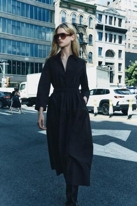 ZARA ПЛАТЬЕ-РУБАШКА МИДИ — ZW COLLECTION, ЧЕРНЫЙ
