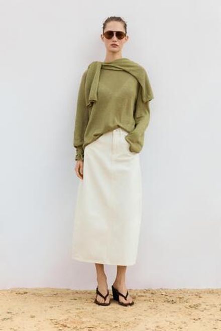 Massimo Dutti Свитер из льняного трикотажа с круглым вырезом, зеленый