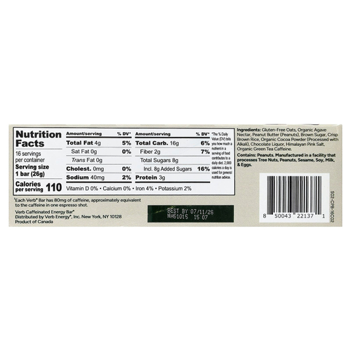 Verb Energy, Caffeinated Energy Bar, Chocolate Peanut Butter Cup, 16 Bars, 0.92 oz (26 g) Each