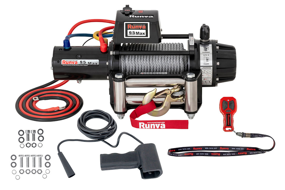 Лебёдка автомобильная электрическая 12V Runva 9500 lbs 4350 кг MAX влагозащищенная, стальной трос (228:1)