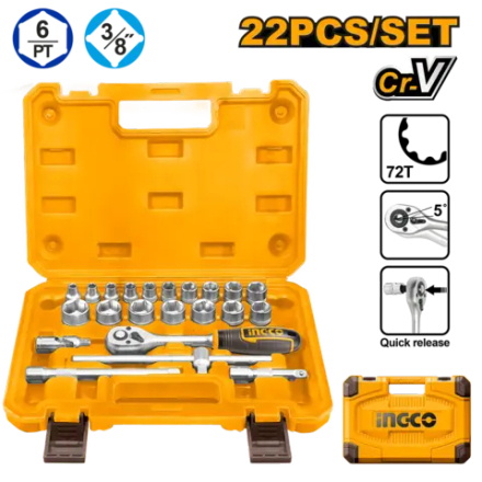 Набор торцевых головок с трещоткой INGCO HKTS38221 INDUSTRIAL 3/8" 6-21 мм 22 шт.