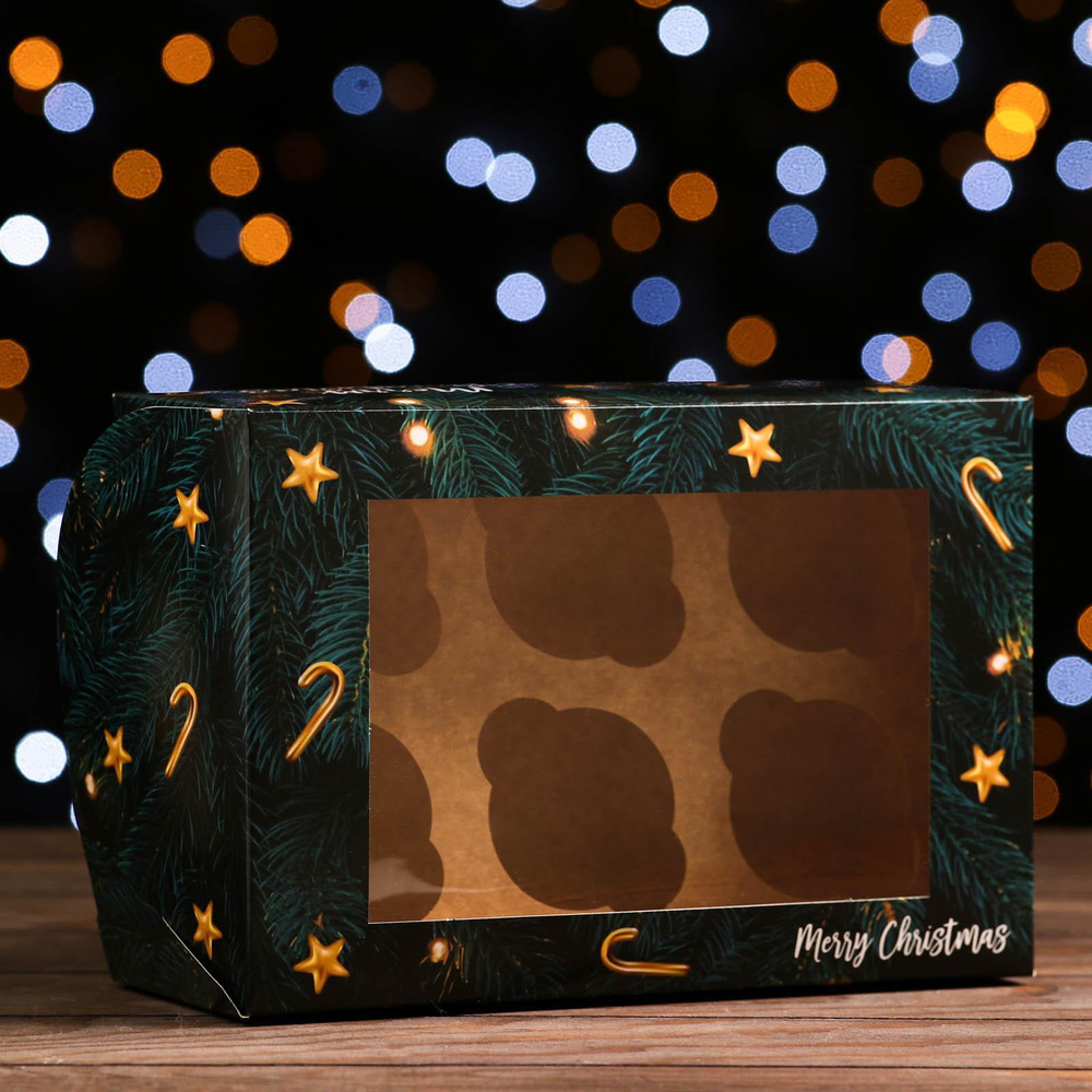 Упаковка для капкейков "Счастливого Рождества" с окном, 6 ячеек, 25*17*10 см