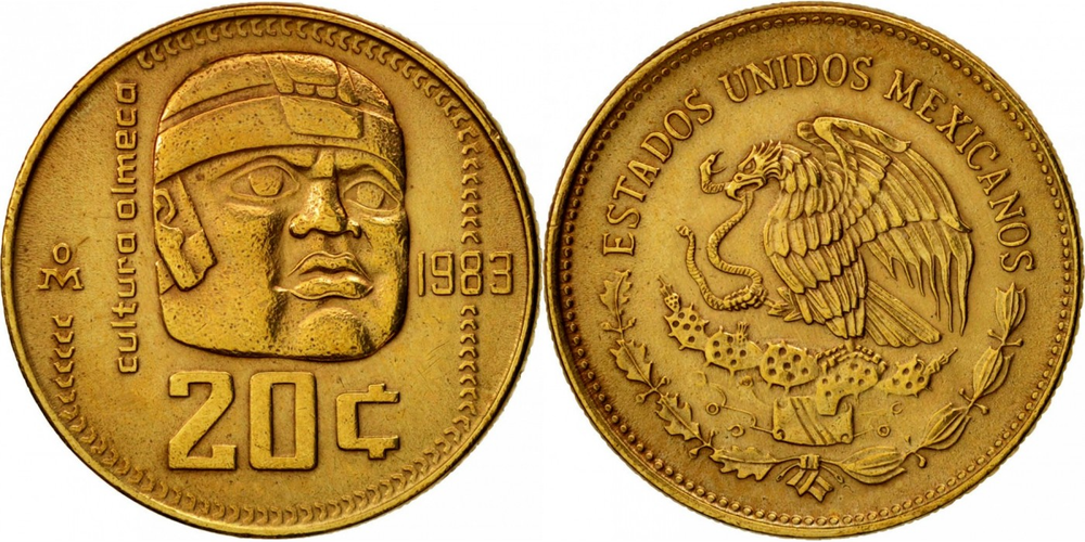 Мексика 20 сентаво, 1983 - 1984 Головы ольмеков UNC