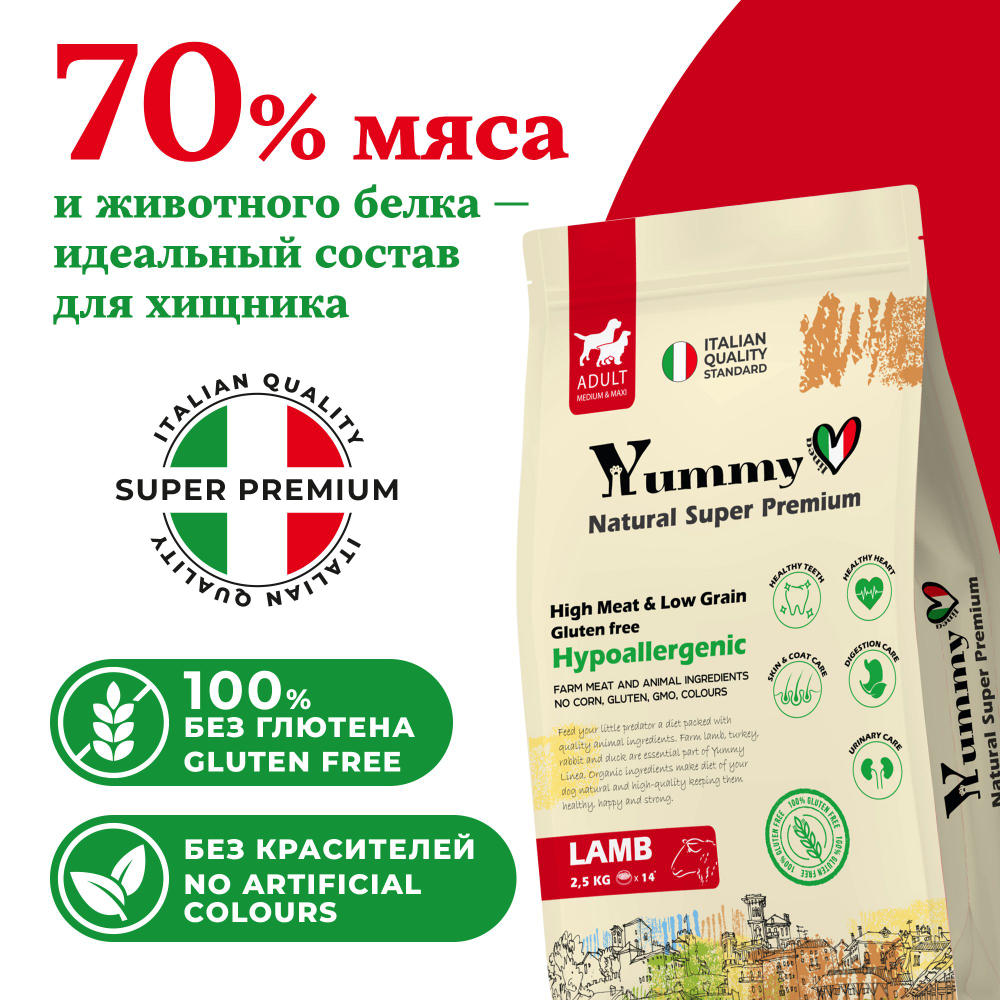 Yummy Linea корм для взрослых собак средних и крупных пород, ягненок, 2,5 кг