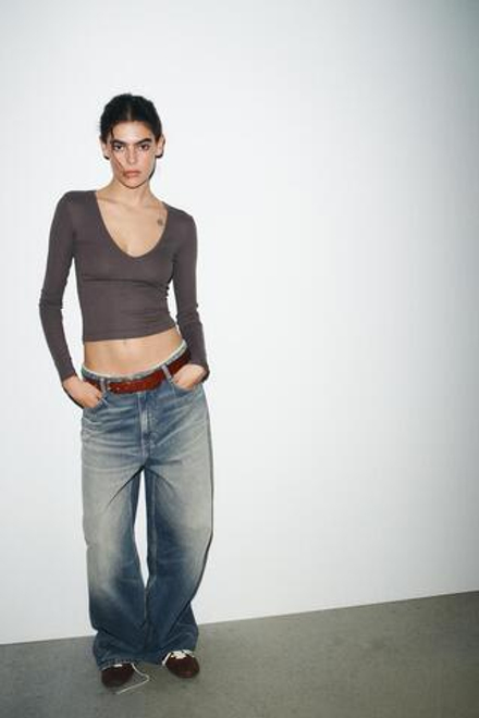 ZARA ТОП В РУБЧИК С ДЛИННЫМИ РУКАВАМИ, КОРИЧНЕВЫЙ