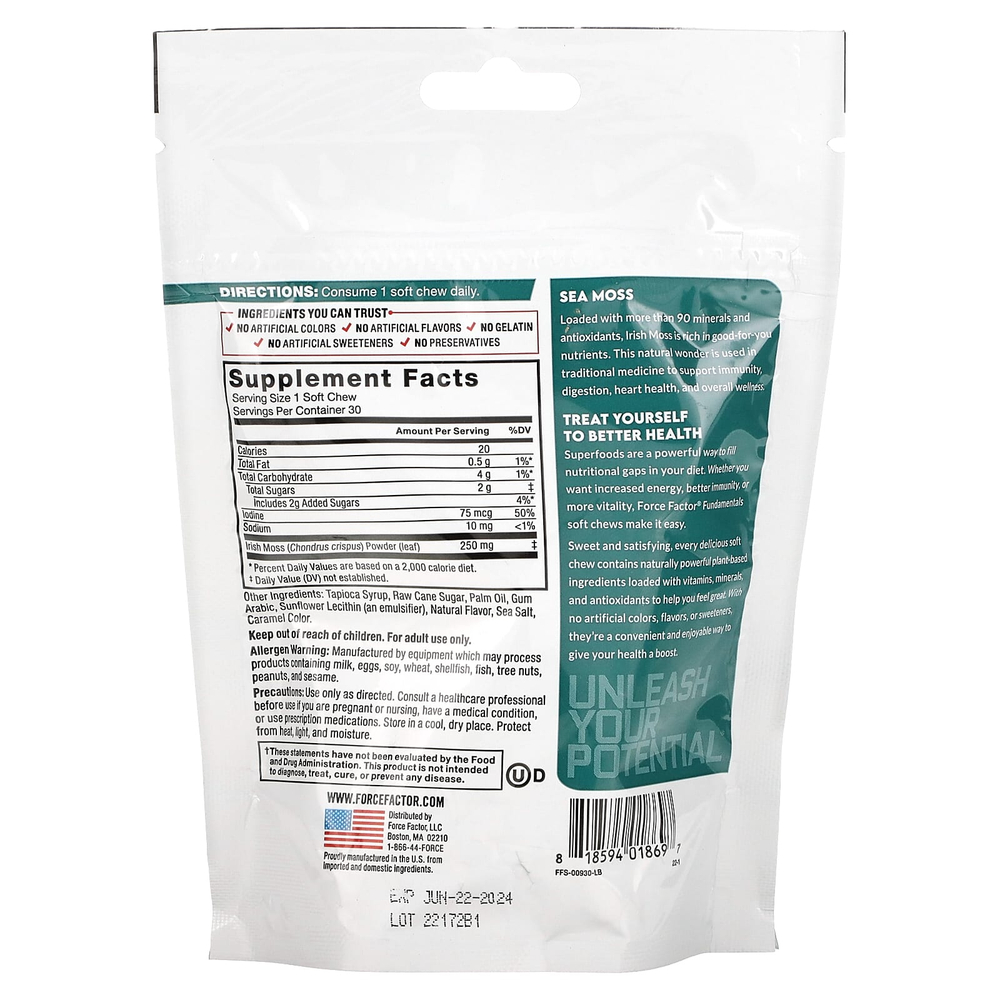 Force Factor, Fundamentals, морской мох, вкус соленой карамели, 30 жевательных таблеток (250 мг в 1 жевательной таблетке)