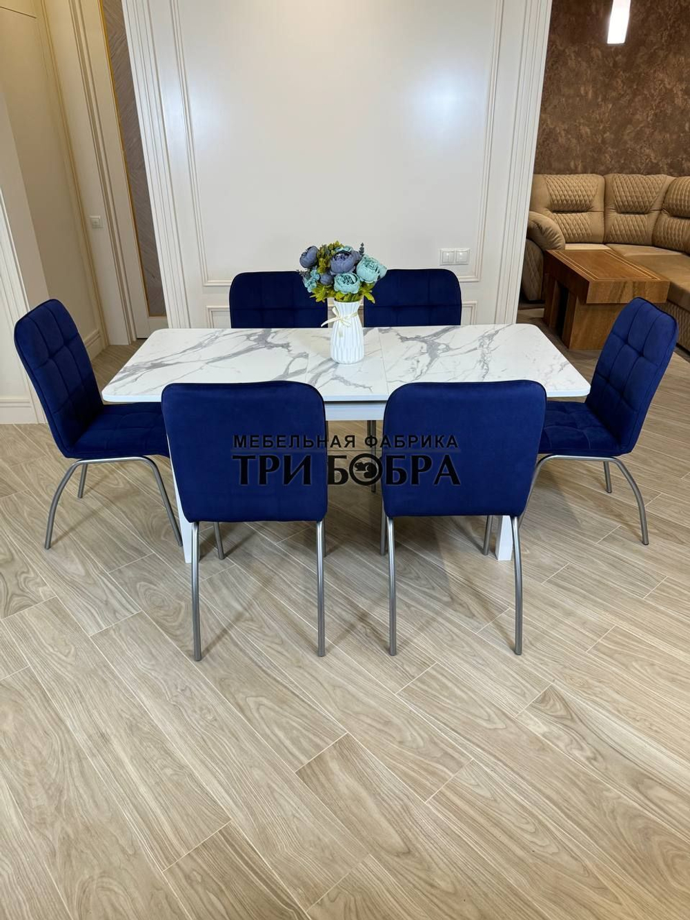 Большой кухонный стол "МАКСИ" Итальянский мрамор и стулья "ЛОРД" 6 шт.