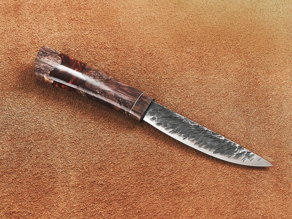 Якутский нож "Амга", сталь Х12МФ, рукоять коричневая стабилизированная карельская береза / акрил агат
