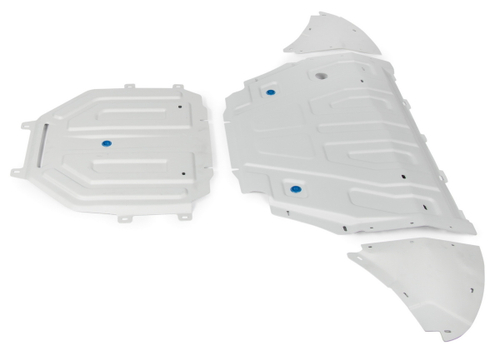 Защита радиатора, картера, КПП и РК Rival для Volkswagen Touareg III (V - 2.0 TSI (249 л.с.); 3.0 TSI (340 л.с.); 3.0TDI (249 л.с.)) (вкл. пакеты "Движение по бездорожью" и "Подвеска Pro") 2018-н.в., штампованная, алюминий 3 мм, с крепежом, 4 части, K333.5870.1