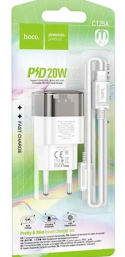 СЗУ Hoco C125A Type-C 3.0A PD 20W Type-C Lightning 8-pin  1м (Transparent Black)