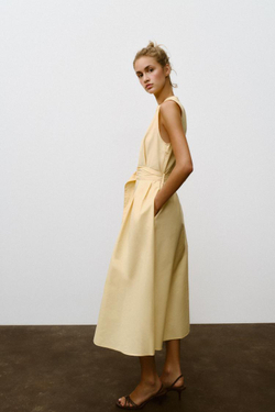 ZARA ПЛАТЬЕ-МИДИ ИЗ ПОПЛИНА С РЕМНЕМ, ЦВЕТ СЛИВОЧНОГО МАСЛА