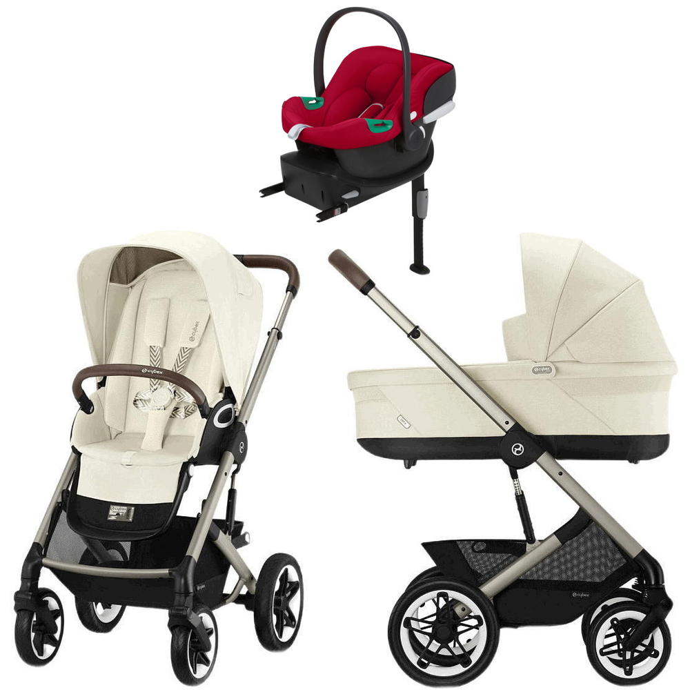 Коляска Cybex Talos S Lux TPE complete Aton B2 Dynamic Red Base One 4 в 1 Seashell Beige с дождевиками