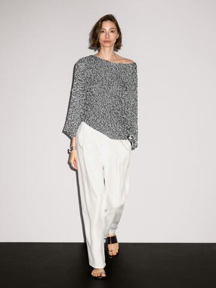Massimo Dutti Свитер из 100% хлопка с меланжевым узором, натуральный, кремовый
