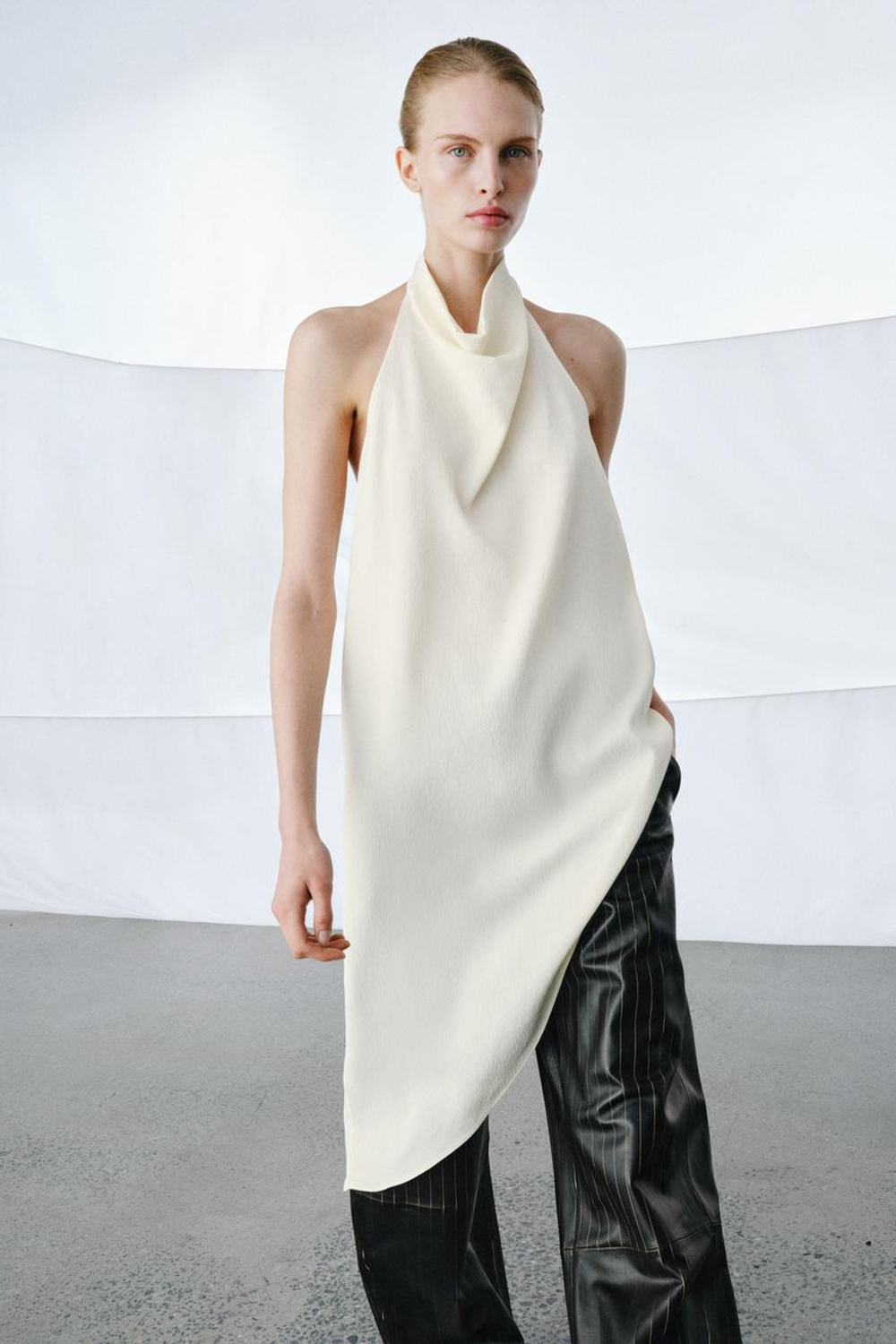 ZARA АСИММЕТРИЧНЫЙ ТОП ZW COLLECTION, ЖЕЛТОВАТО-БЕЛЫЙ