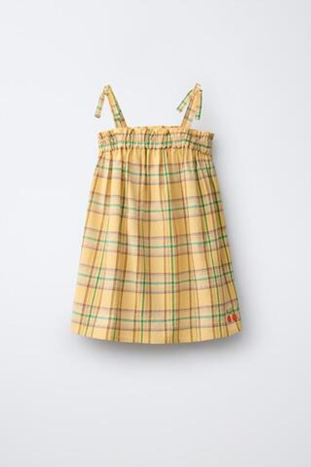 ZARA ПЛАТЬЕ ИЗ РЕЛЬЕФНОЙ ТКАНИ В КЛЕТКУ С ВЫШИВКОЙ, ЖЕЛТЫЙ