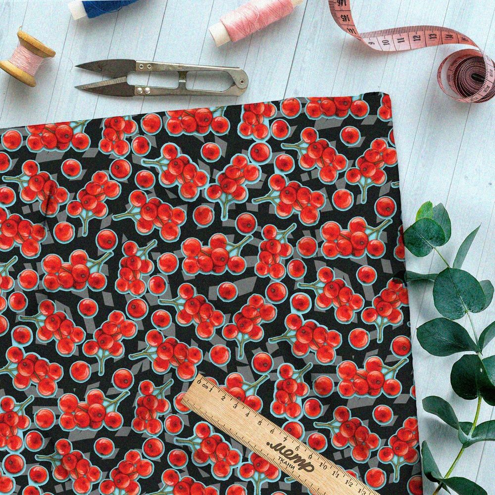 Ткань флис мёрзлая рябина с зелёной каймой