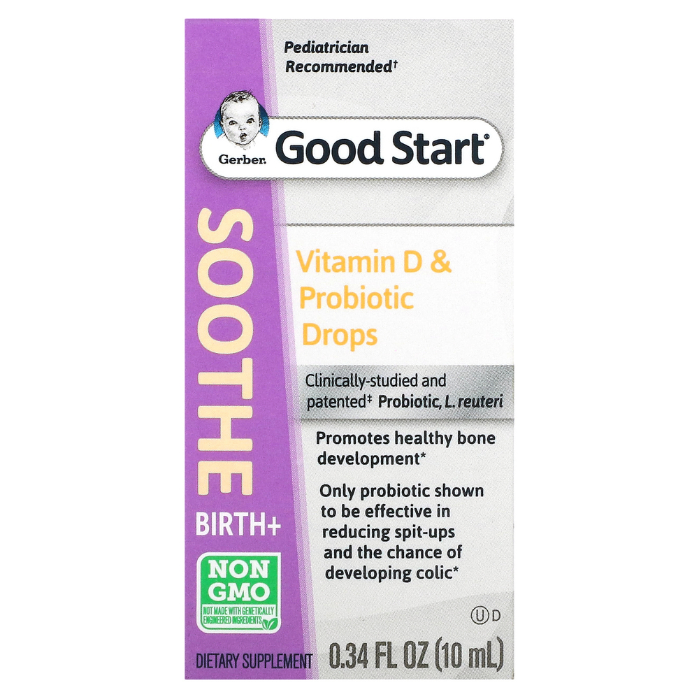 Gerber, Soothe, пробиотические капли с витамином D, для младенцев с рождения, 10 мл (0,34 жидк. унции)