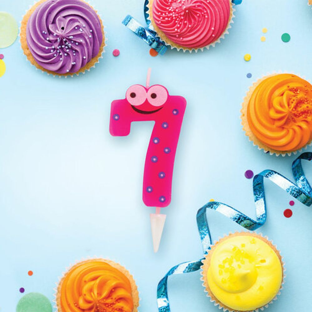 Свеча-цифра для торта "7" "С глазками", 6 см, ЗОЛОТАЯ СКАЗКА, с держателем, в блистере, 591410