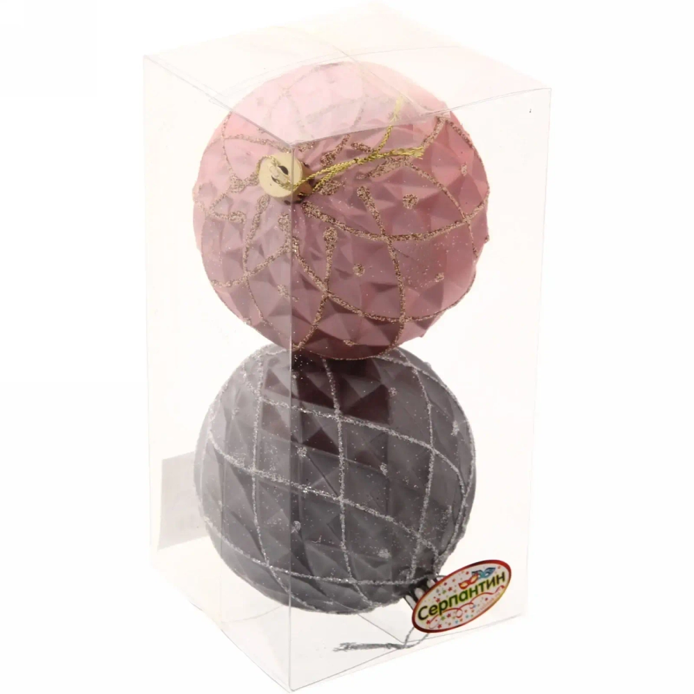 Новогодние шары 8 см (набор 2 шт) «Фантазия», серый/розовый