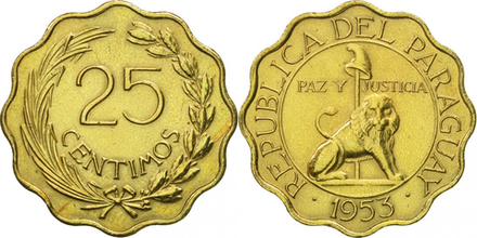 Парагвай 25 сентимо, 1953 Лев XF