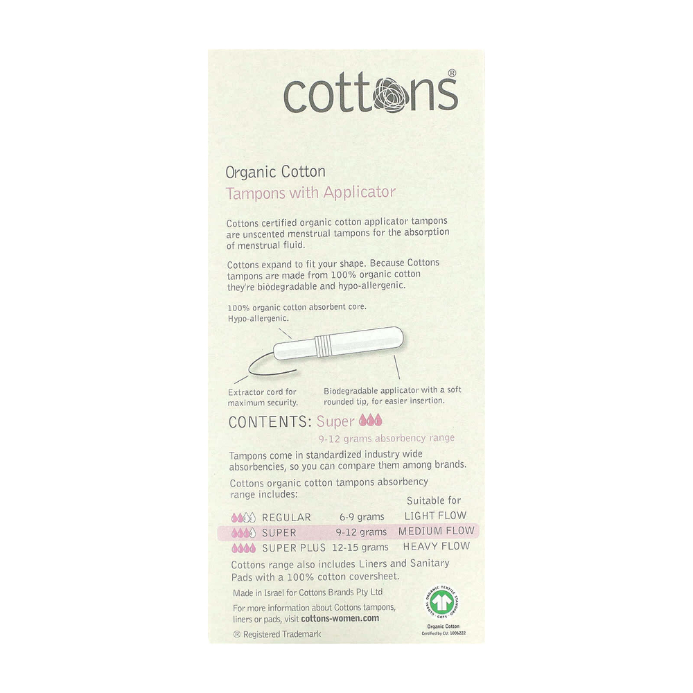 Cottons, Органический хлопок, тампоны с аппликатором, без запаха, супер, 14 тампонов